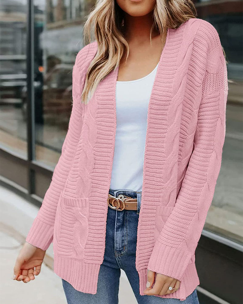 

Open Front Pocket Detail Cable Knit Cardigan, Pink