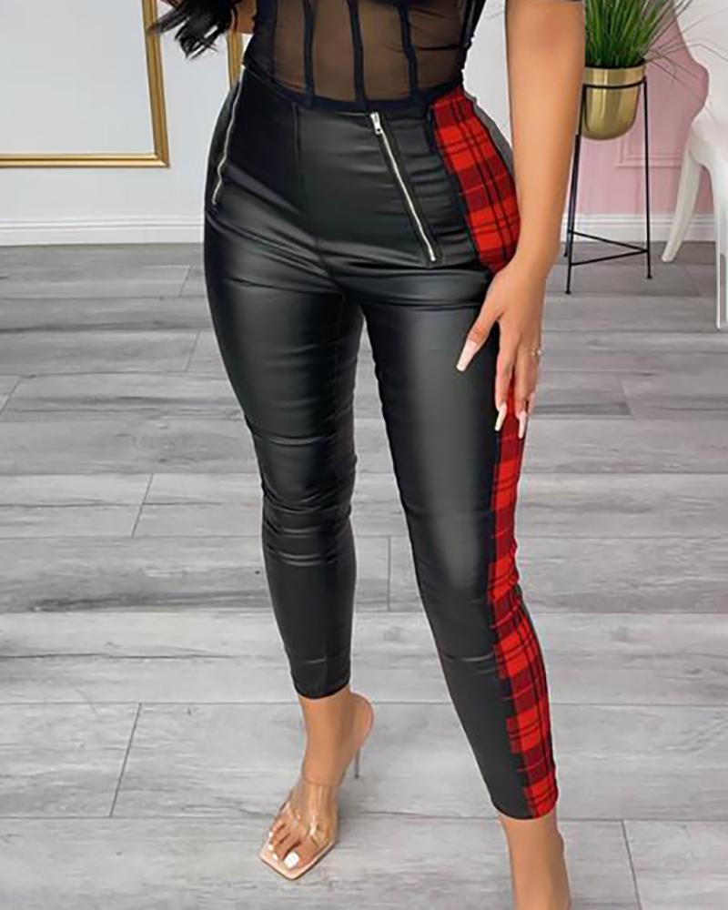 

PU Leather Plaid Print Zipper Decor Pants, Black