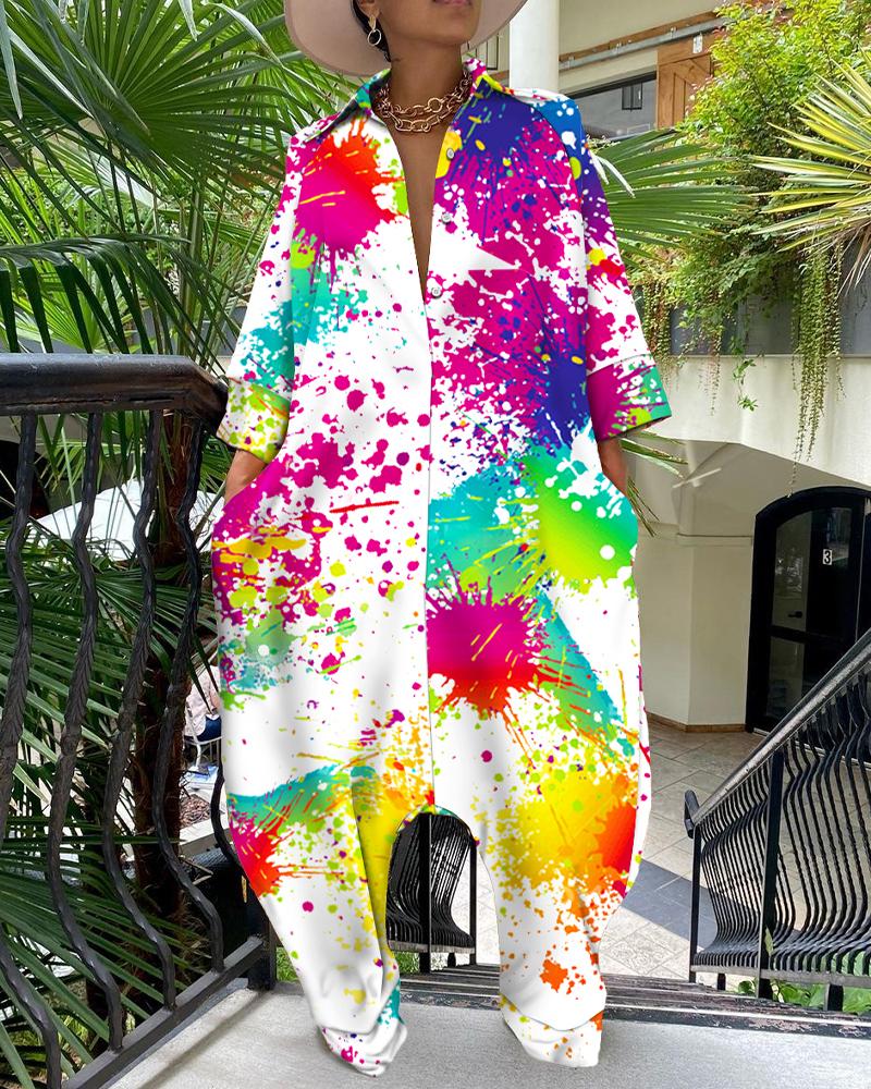 

Ink Splash Print Buttoned Pocket Design Casual Jumpsuit, Multicolor
