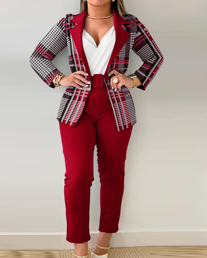 

Plus Size Plaid Print Blazer Coat & Pants Set, Wine red