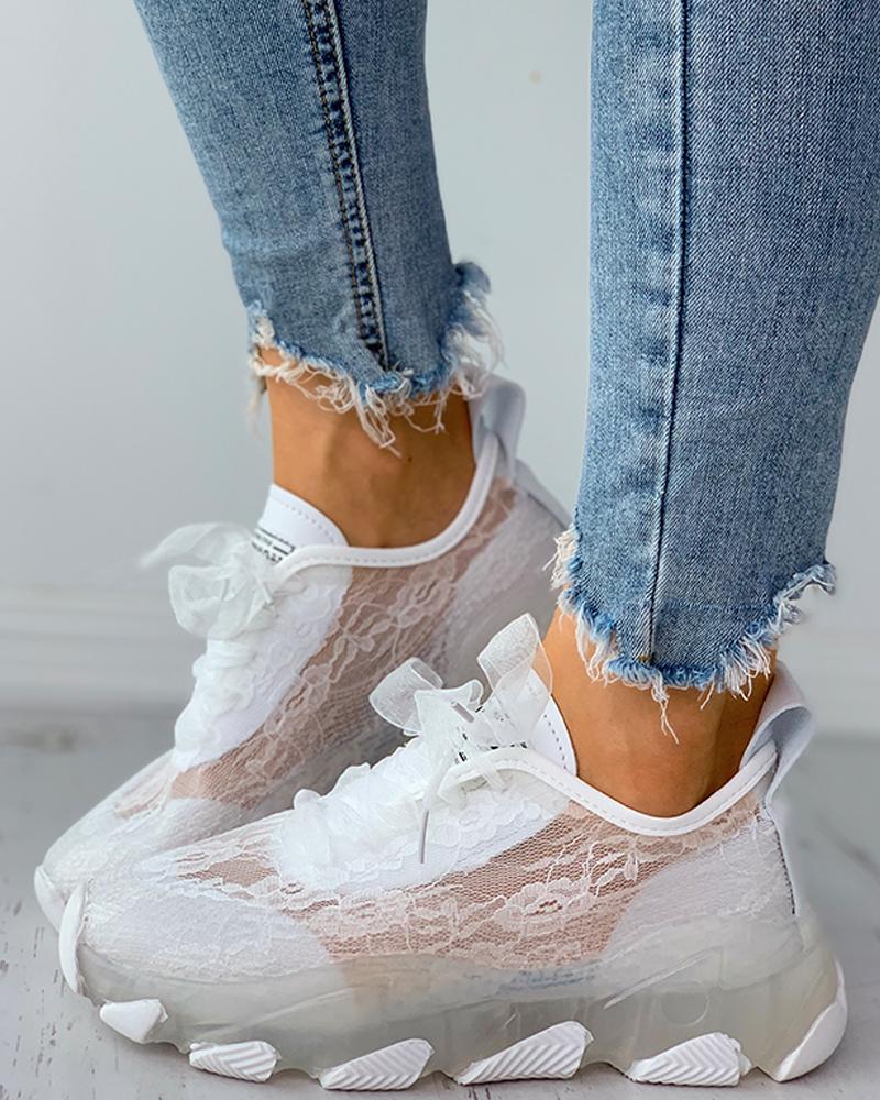 

Lace-up Crochet Lace Muffin Sneakers, White