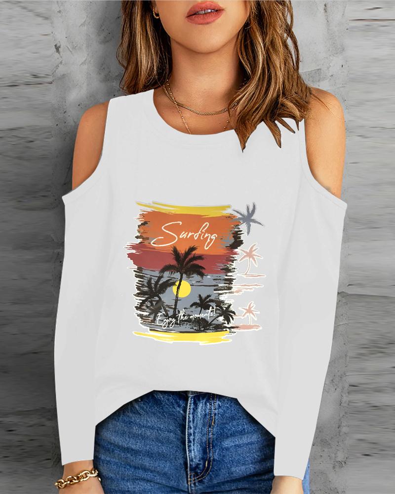 

Landscape Print Cold Shoulder Top, White