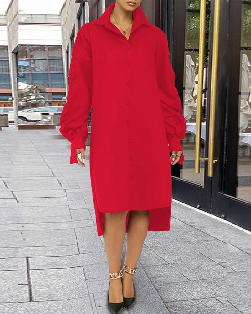 

Solid Color Long Sleeve Slit Button Front Shirt Dress, Red