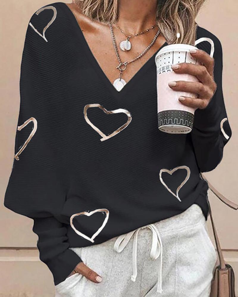 

Heart Print Long Sleeve Casual Top, Black