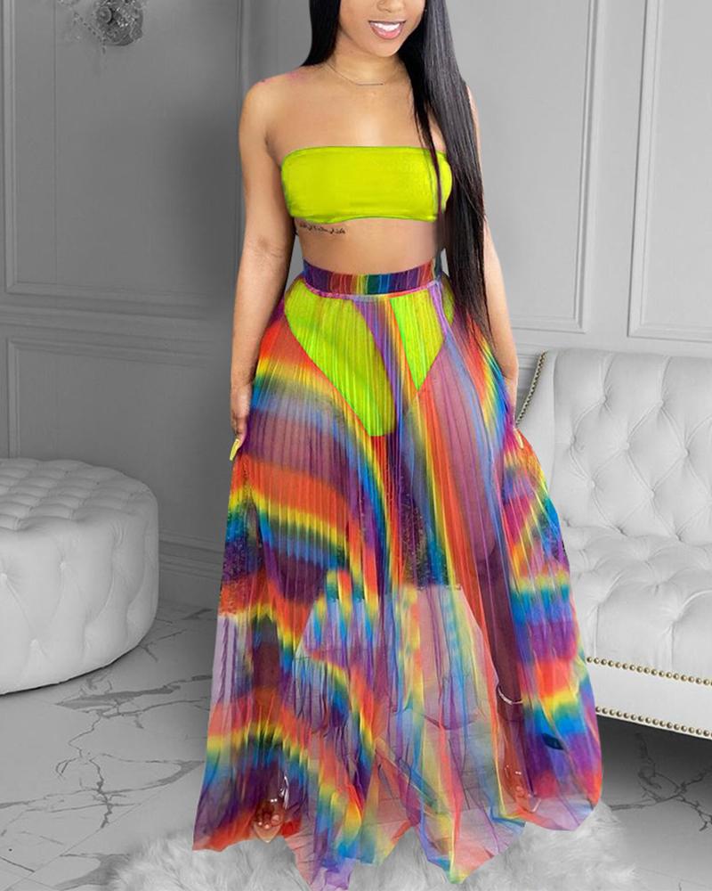 

Solid Bandeau Lingerie Set With Colorful Pleated Skirt, Light green