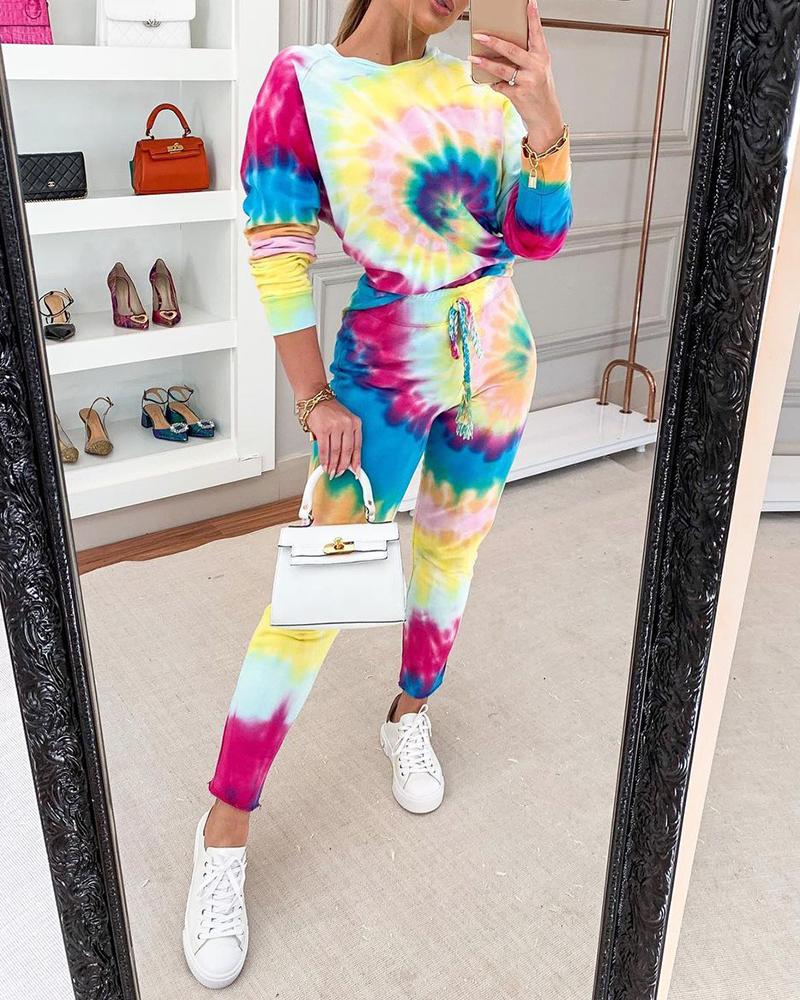 

Tie Dye Print Long Sleeve Top & Drawstring Pants Set, Multicolor