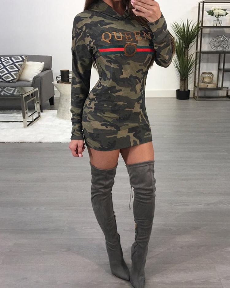 

Stylish Camouflage Print Casual Hoodie Dress, Army green