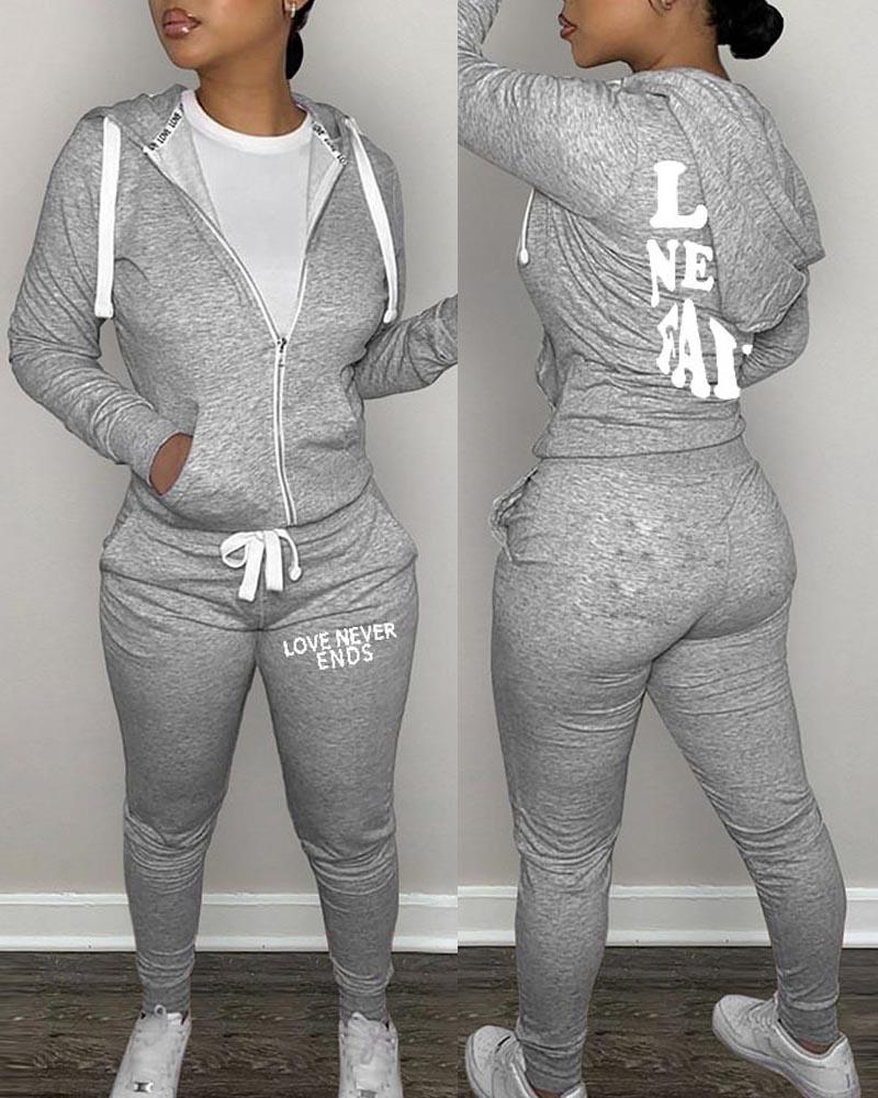 

Letter Print Hooded Zip Up Top & Pants Set, Gray