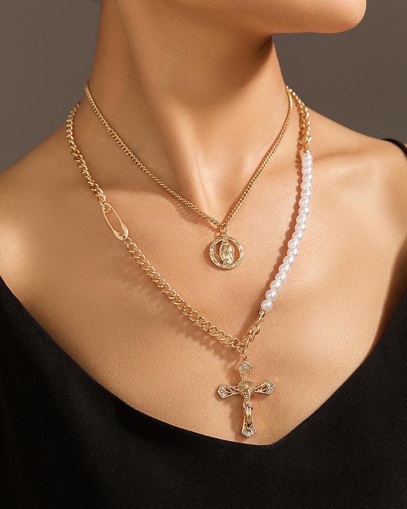 

Cross Pendant Beaded & Chain Layered Necklace, Gold