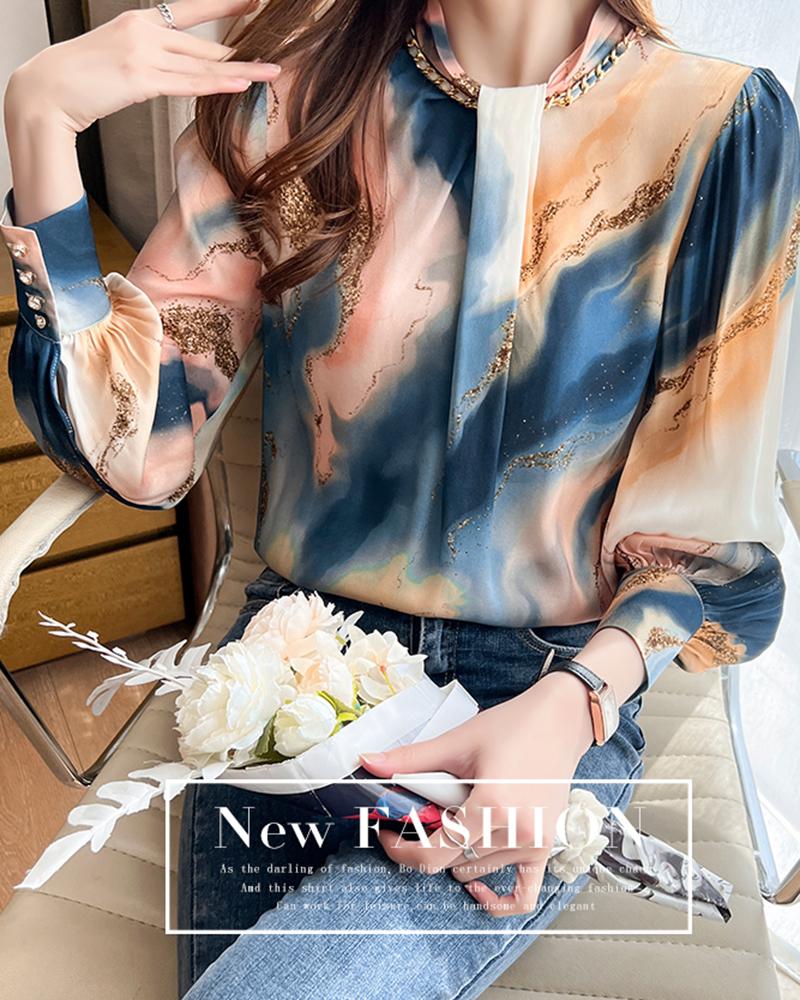 

Marble Print Lantern Sleeve Top, Blue
