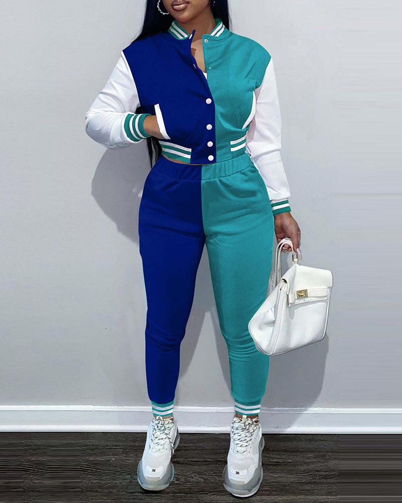 

Buttoned Colorblock Pocket Design Baseball Jacket & Pants Set, Blue