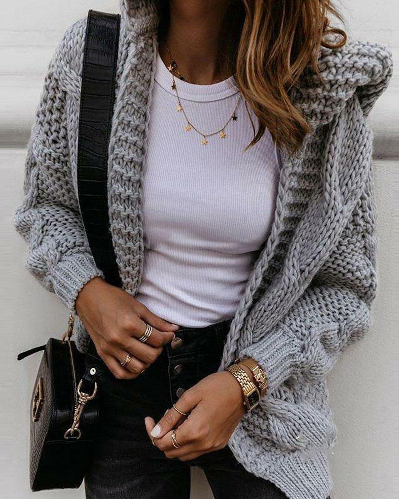 

Long Sleeve Cable Knit Hooded Cardigan, Light gray