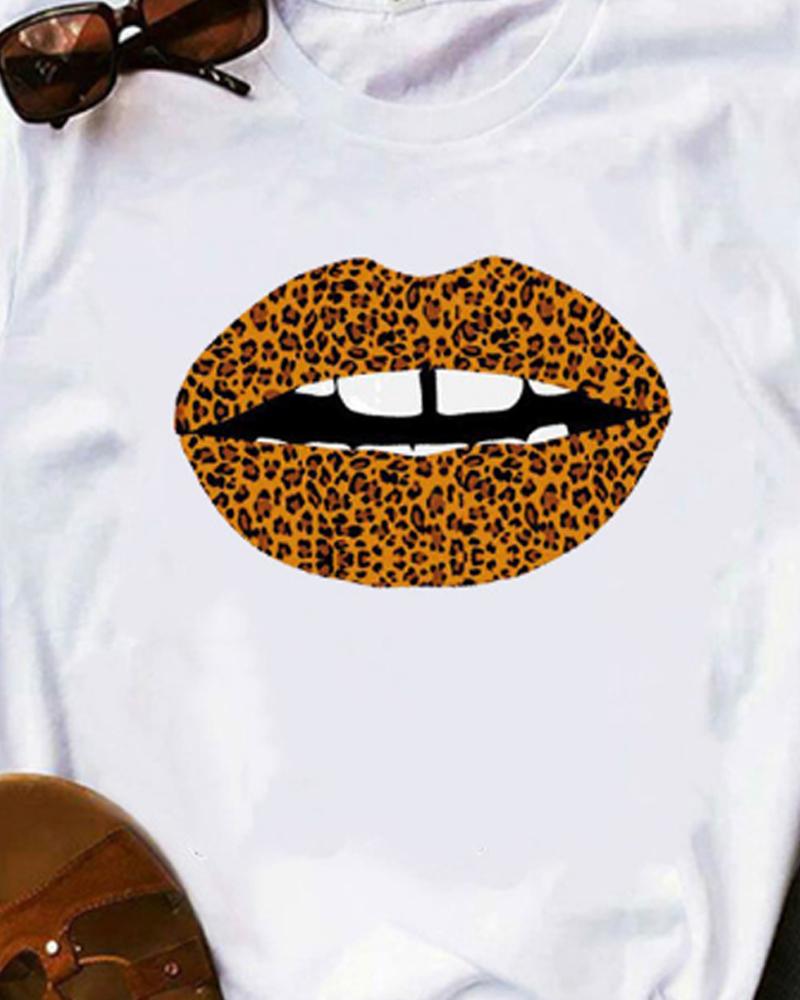 

Multicolor Lips Print Short Sleeve Loose T-shirts, Style2