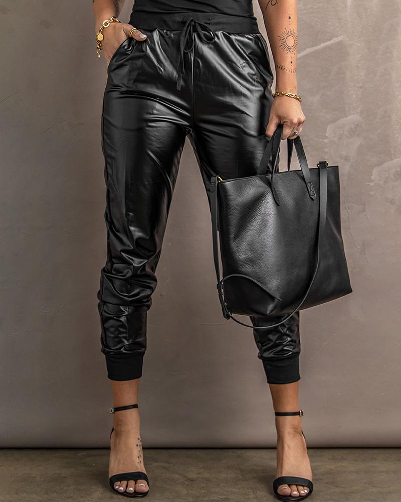 

PU Leather High Waist Drawstring Pants, Black