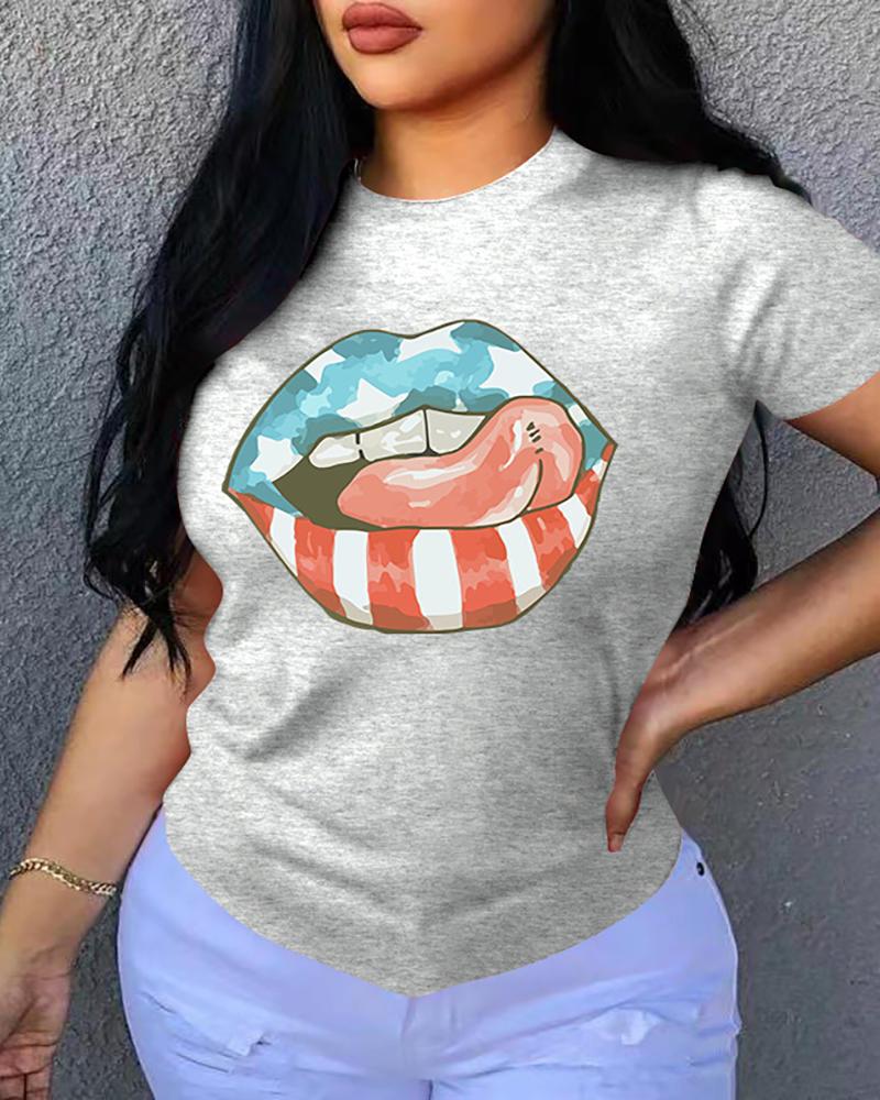 

Lip Flag Pattern Print Short Sleeve T-shirt, Gray