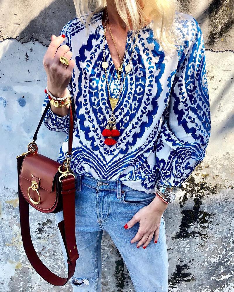 

Ethnic Print Lantern Sleeve Casual Blouse, Blue