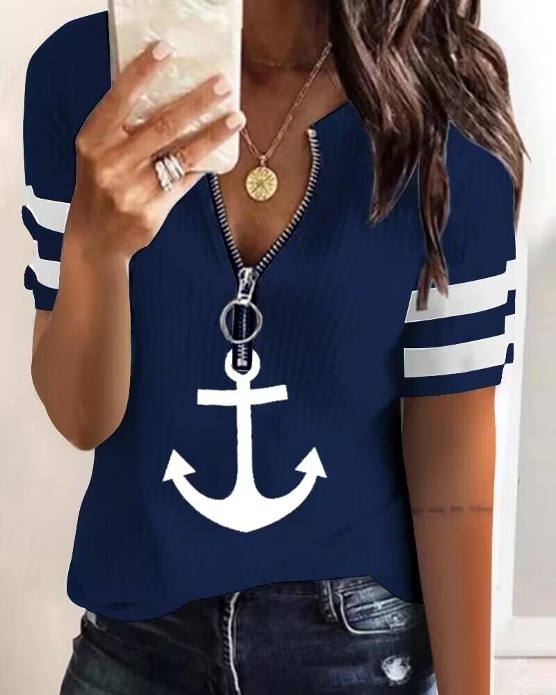 

Anchor Print Zipper Front Short Sleeve T-shirt, Purplish blue