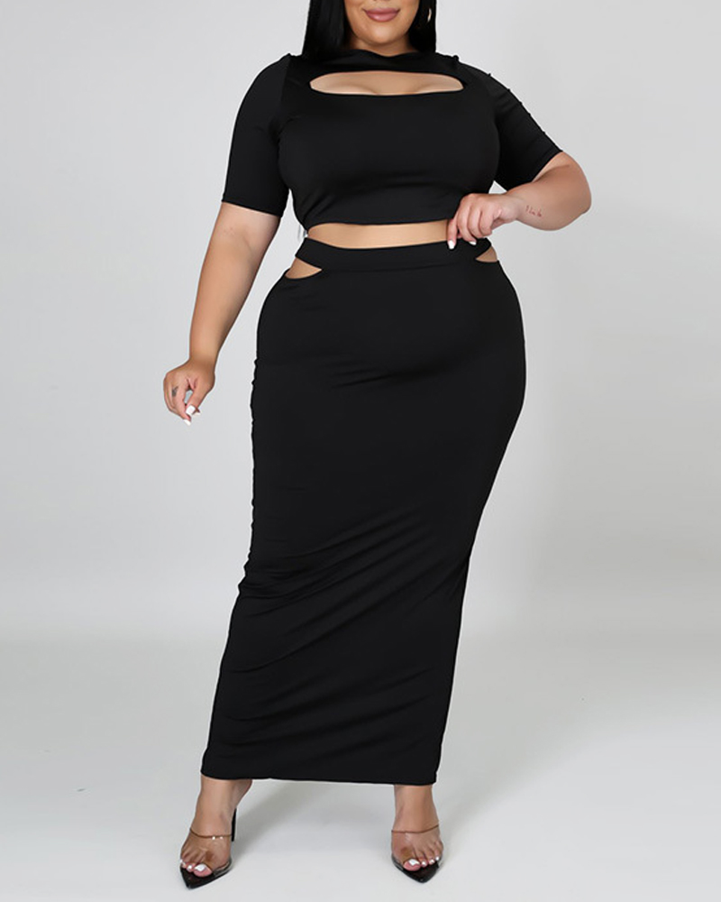 

Plus Size Cutout Crop Top & Skirt Set, Black