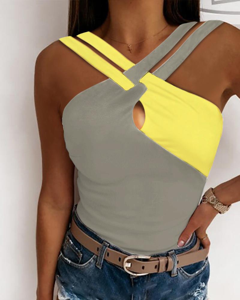 

Colorblock Crisscross Halter Tank Top, Gray