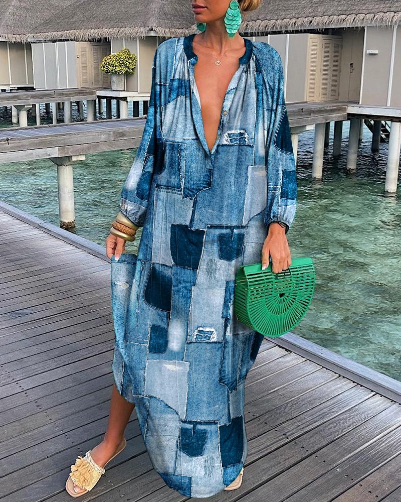 

Denim Look Print Long Sleeve Shirt Dress, Multicolor