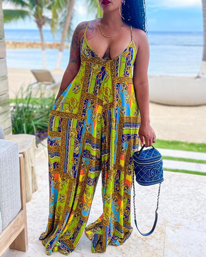 

Crown Scarf Print V-Neck Wide Leg Jumpsuit, Green
