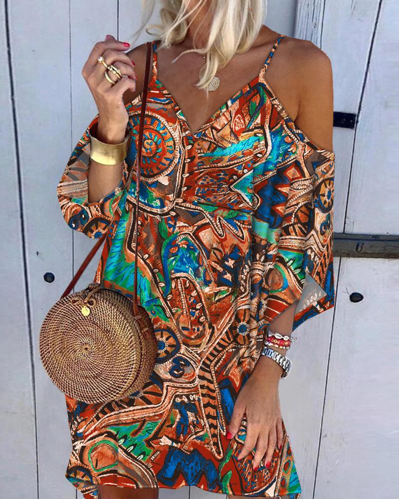 

Tribal Print Cold Shoulder Casual Dress, Multicolor
