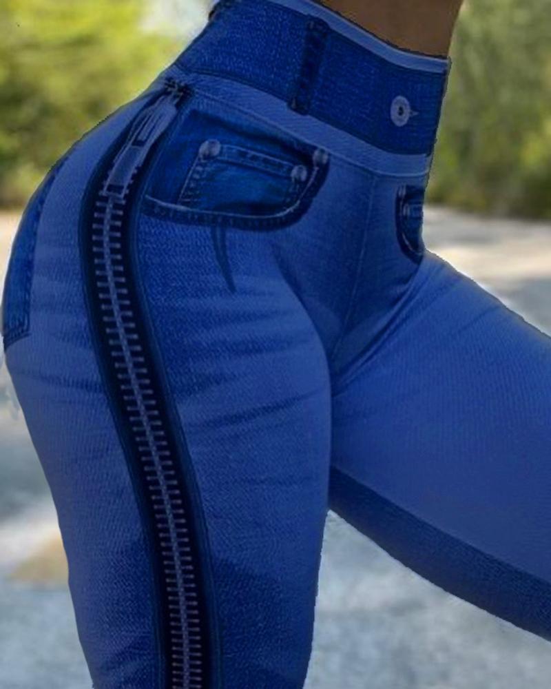 

Women's Leggings Faux Denim Printed High Waist Tummy Control Butt Lift Active Pants, Blue