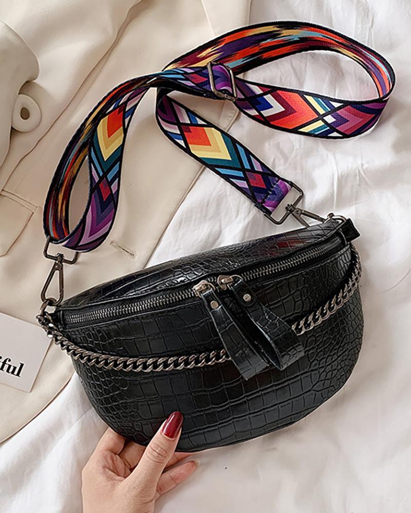 

Crocodile Zipper Design Chain Decor Crossbody Bag, Black
