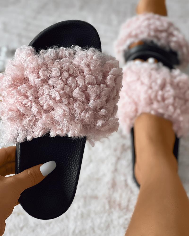 

Fluffy Strap Casual Slippers, Pink