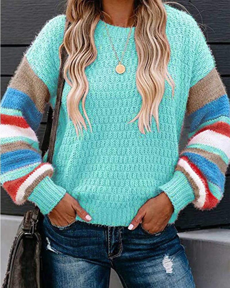 

Colorblock Striped Long Sleeve Sweater, Green