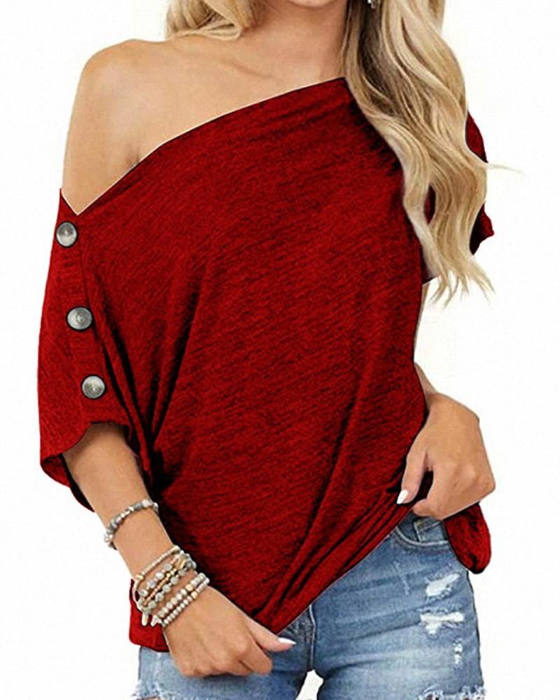 

Plus Size Cold Shoulder Button Design T-shirt, Dark red