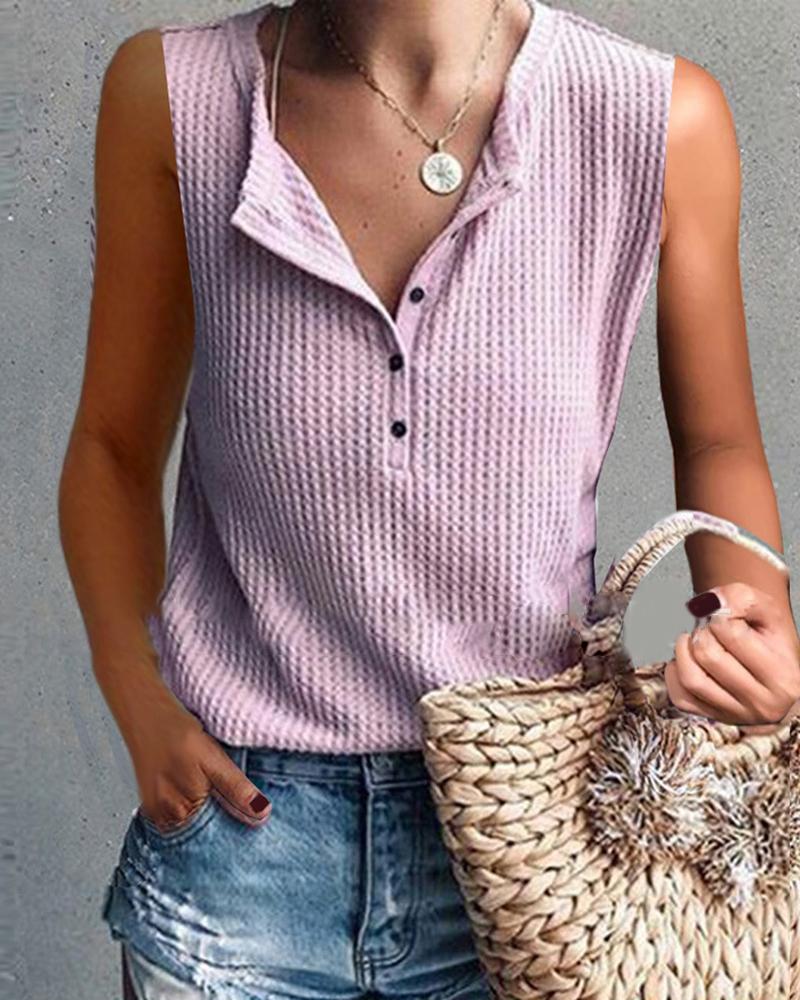 

Button Design Plain Sleeveless Top, Pink