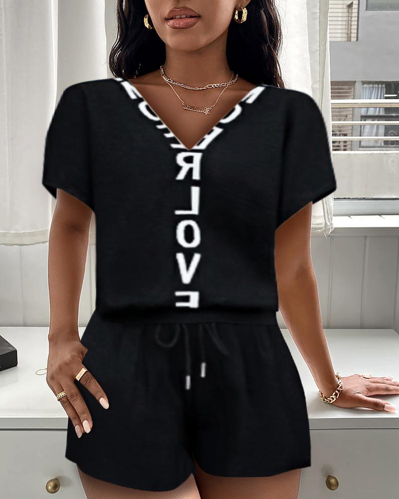 

Solid Letter Print Short Sleeve Loose T-shirts With Color Stripe Shorts Suit Sets, Black