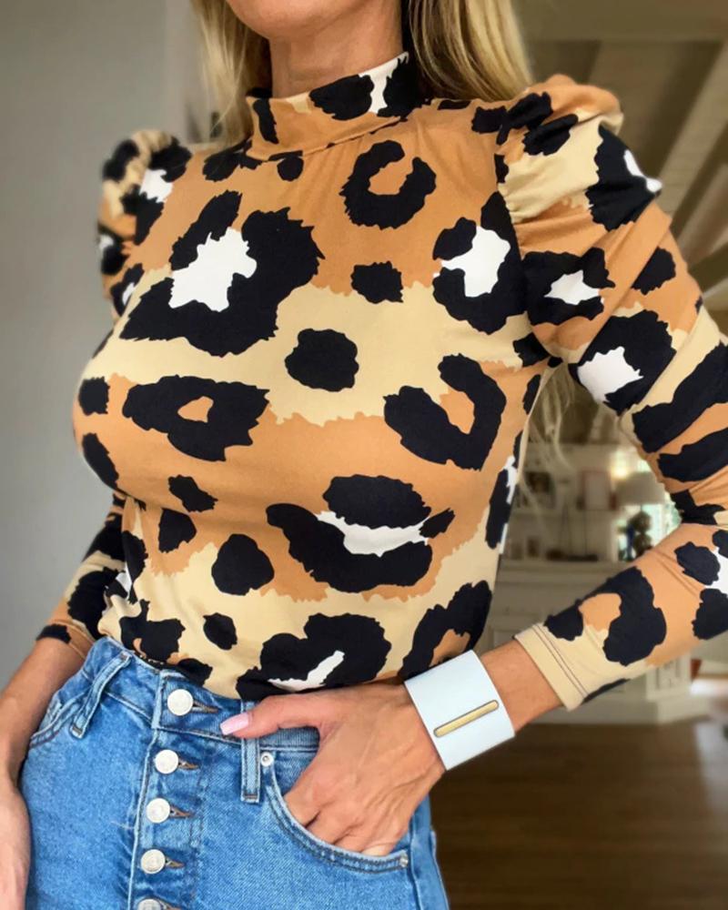 

Leopard Print Mock Neck Puff Sleeve Top, Khaki