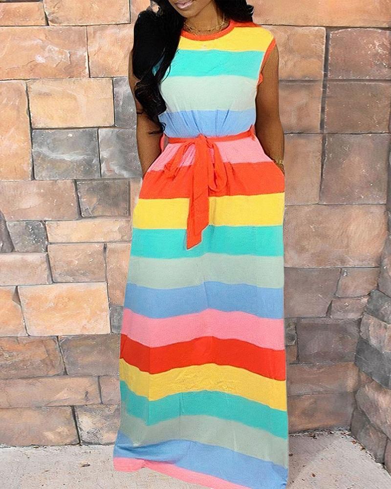 

Striped Colorblock Sleeveless Casual Dress, Yellow