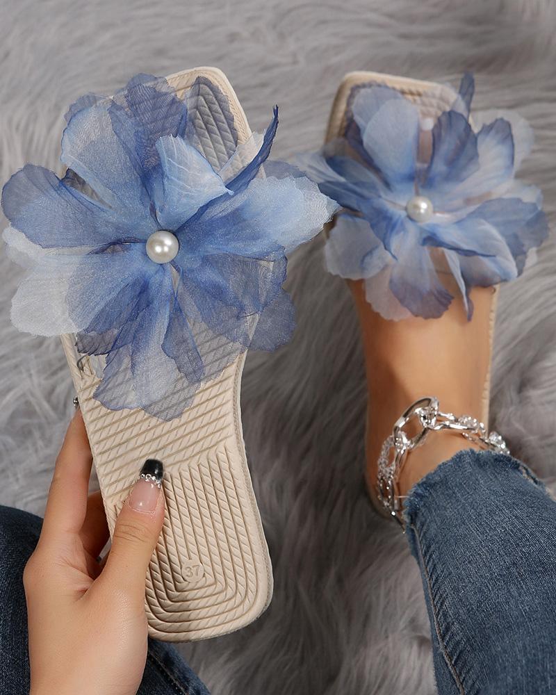 

Floral Pattern Square Toe Platform Slippers, Blue