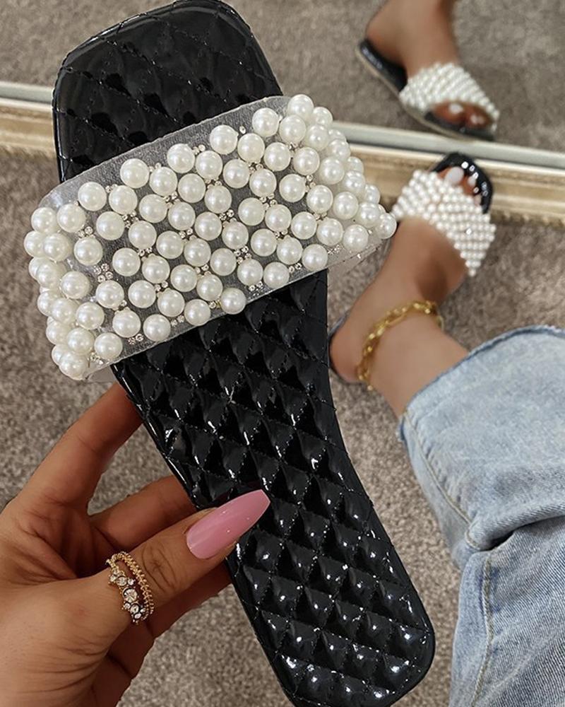 

Beaded Banded Upper Square-toe Sandals, Black