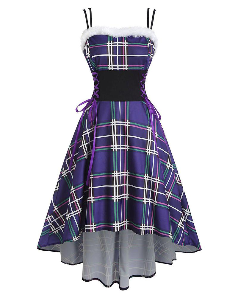 

Christmas Plaid Print Lace-up Fuzzy Trim Ruched Dress, Purple