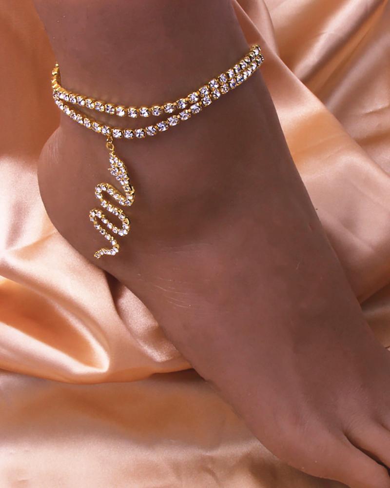 

Snake Pattern Layered Studded Anklet, Gold