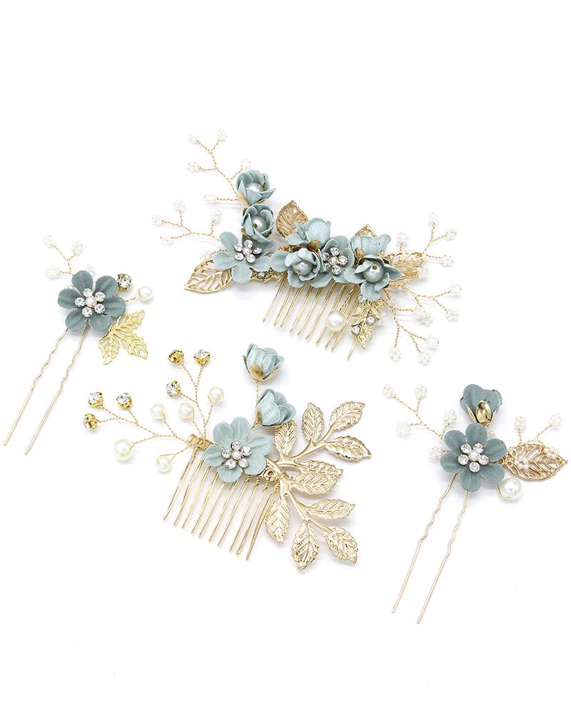 

4pcs Wedding Bridal Hair Comb Clips Leaf Pearl Hairpins Crystal Floral Jewelry Headpieces Set, Green