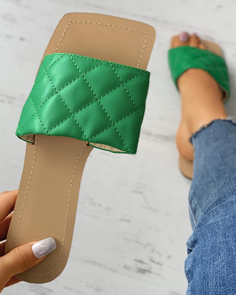 

Quilted Square Toe Mule Sliders, Green