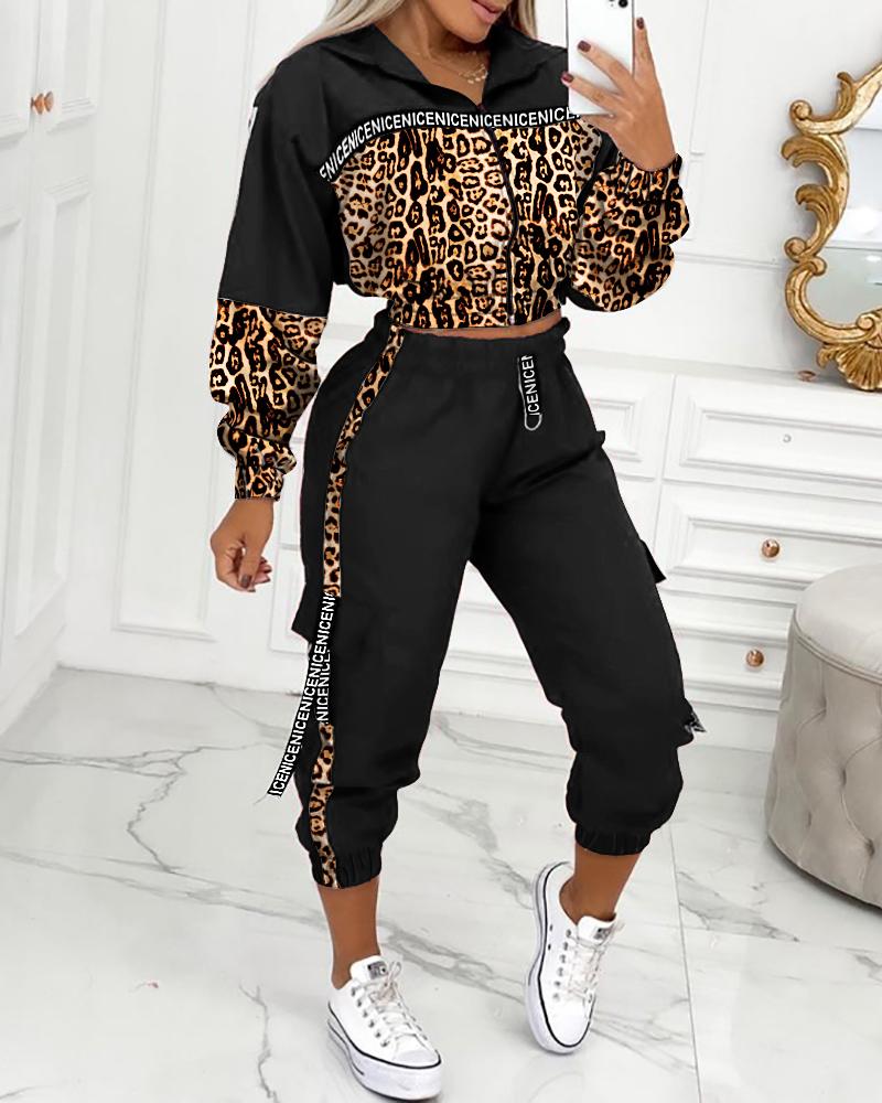 

Two Piece Sets Casual Leopard Print Colorblock Tape Zip Front Hooded Top & Pocket Design Cargo Pants Set