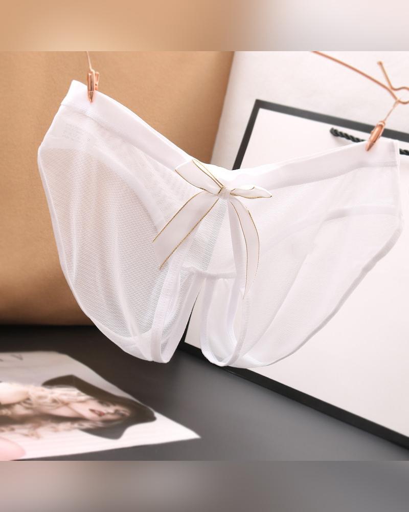 

Solid Color Mesh Open File Bowknot Sexy Triangle Underwear Panties, White