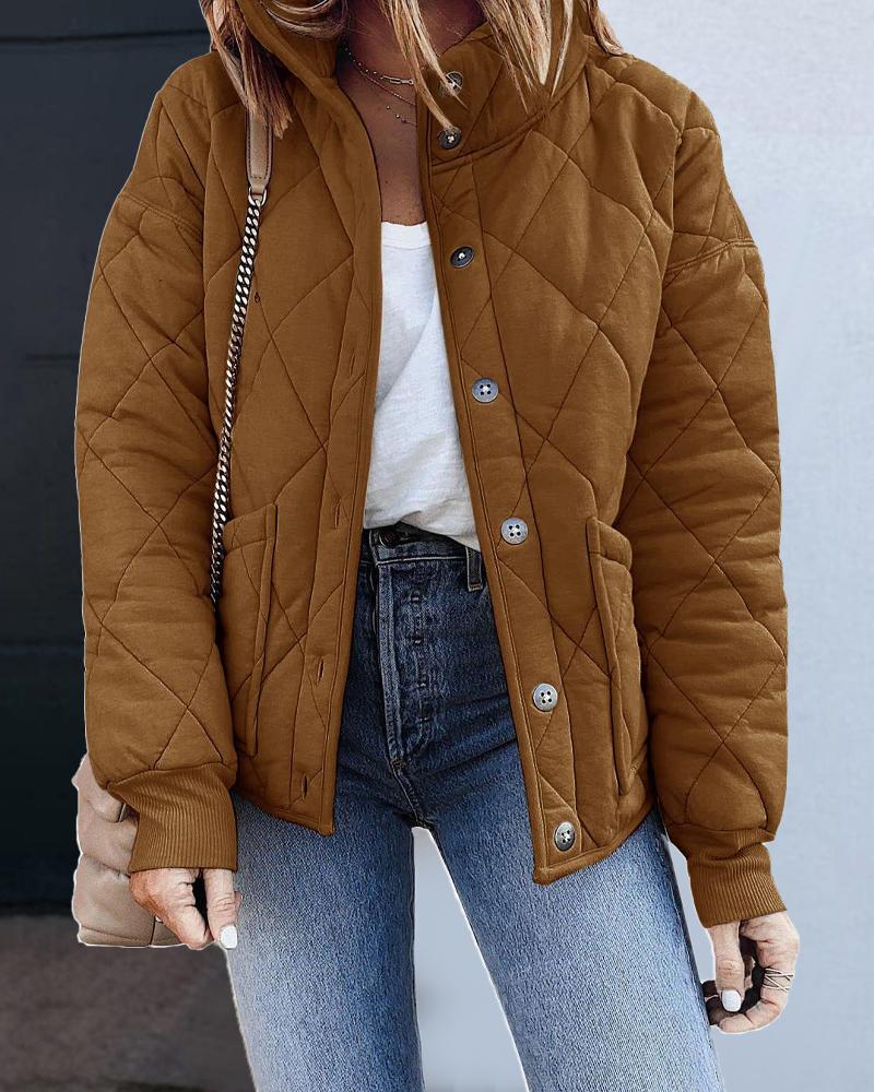 

Long Sleeve Button Front Quilted Puffer Coat, Brown