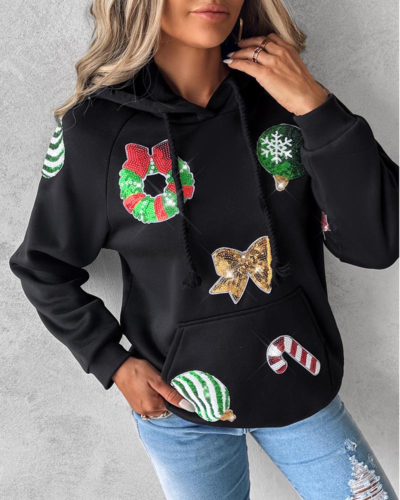 

Christmas Sequin Graphic Pattern Hooded Sweatshirt, Black