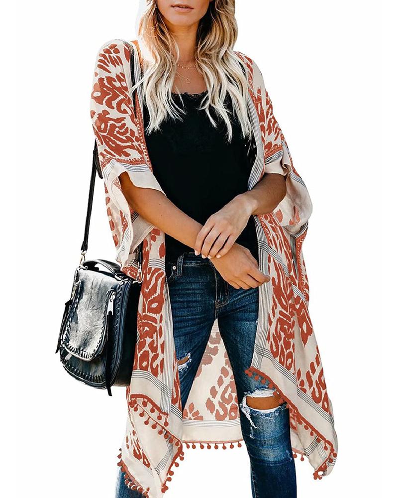 

Allover Print Batwing Sleeve Pom Pom Cover Up Top, Red