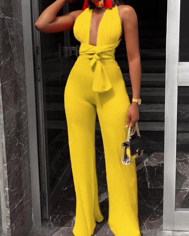 

Halter Plunge Tie Waist Wide Leg Jumpsuit, Yellow