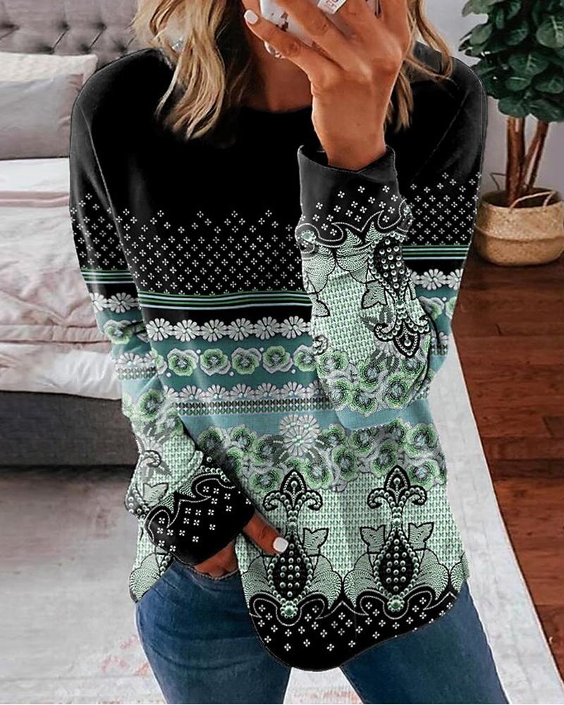 

Tribal Print Long Sleeve Casual Top, Green