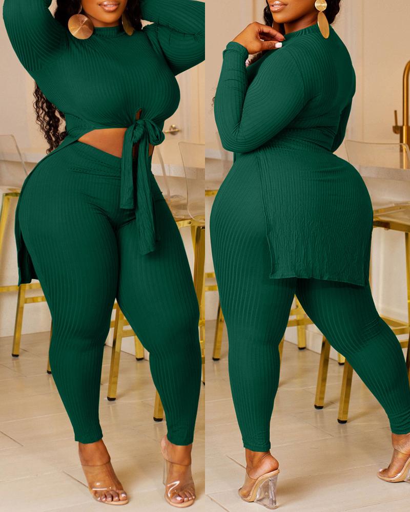 

Plus Size Ribbed Split Hem Long Sleeve Top & Pants Set, Green