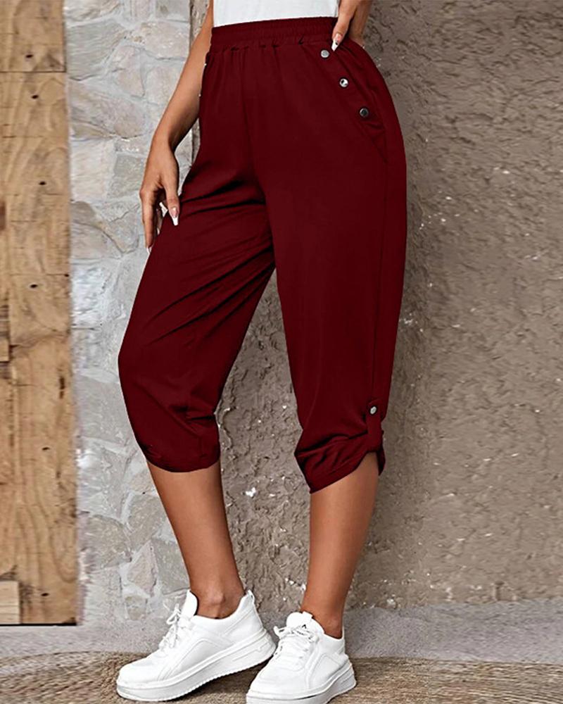 

High Waist Buttoned Pocket Design Pants, Wine red